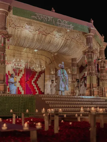 The mandap is the heart of the wedding. I designed this magnificent structure to be a sanctuary of tradition and artistry, featuring intricate floral patterns and a grand scale that honors the sanctity of the vows being exchanged.