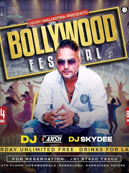 The flyer for the 'Bollywood Festival' at Hungry Hippie, a rooftop venue in Koramangala.