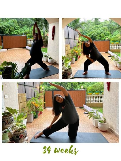 A beautiful practice at 34 weeks, surrounded by greenery. Notice the focus on warrior poses and gentle side stretches to maintain strength and flexibility.