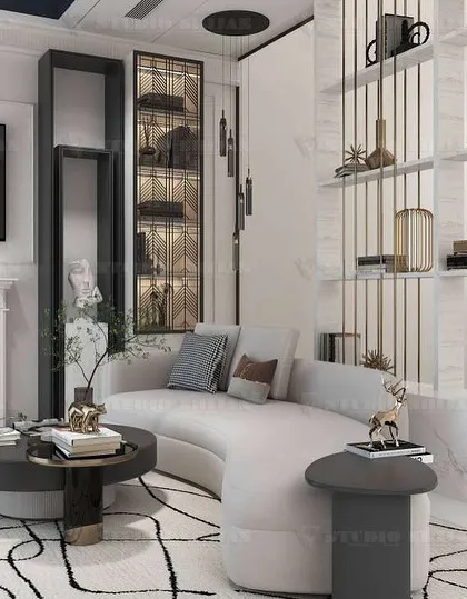 This living room features a modern fireplace, a gracefully curved sofa, and intricate display shelving, blending classic comfort with contemporary luxury.