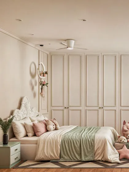 A full view of the bedroom, highlighting the ample wardrobe space and the calm, organized feel of the room.