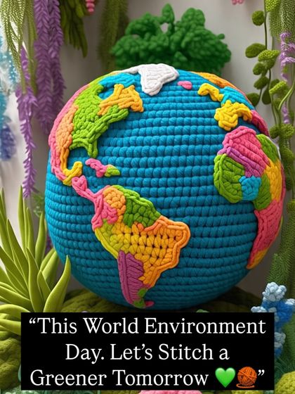 Let's stitch a greener tomorrow. This image of a crocheted globe is a reminder that we can make a big difference with our small, conscious choices.