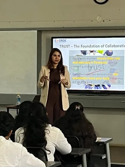 Here I am, teaching a session on teamwork and collaboration. I believe trust is the foundation of any successful team, a crucial soft skill we work on to prepare you for the corporate world.