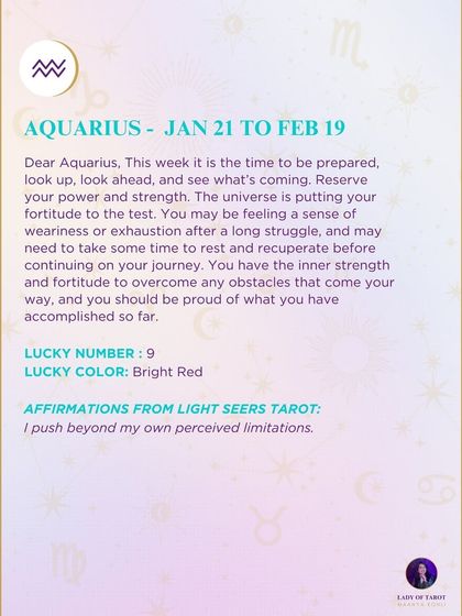 This weekly tarot prediction for Aquarius is about preparing for a test of fortitude. It's a message of encouragement to rest, recuperate, and trust in your inner strength.