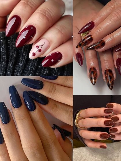 A collage of our favorite fall-inspired nail looks. From deep reds and navy blues to playful cherry art and wild animal prints, we have a design for every autumn mood.