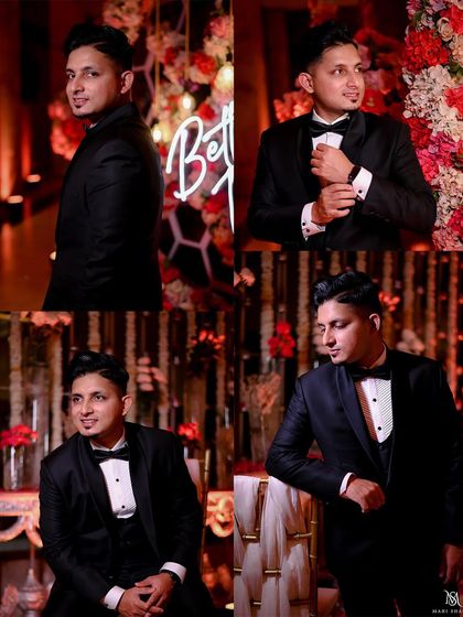 A collage of groom portraits, showing different stylish poses from the cocktail event.