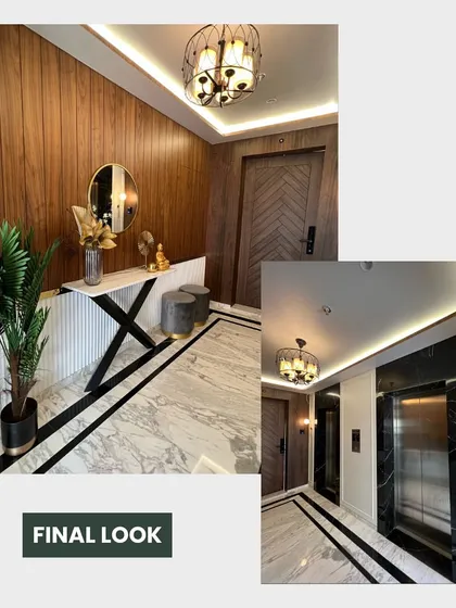 The final look of our Santacruz lobby project. The combination of wood paneling, marble floors, and statement lighting came together exactly as we envisioned in our renders.