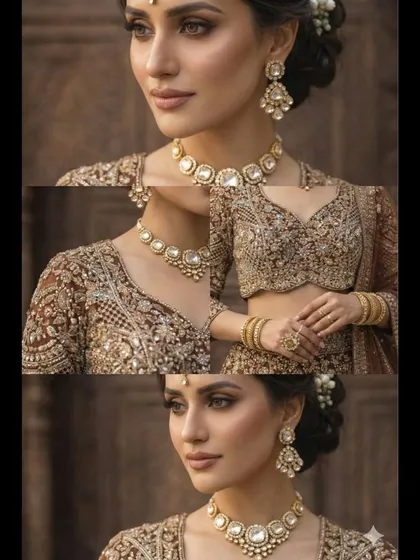 It’s all in the details. This collage showcases the exquisite handwork on one of my bridal lehengas, from the intricate blouse embroidery to the stunning kundan necklace set that you can also rent to complete your look.