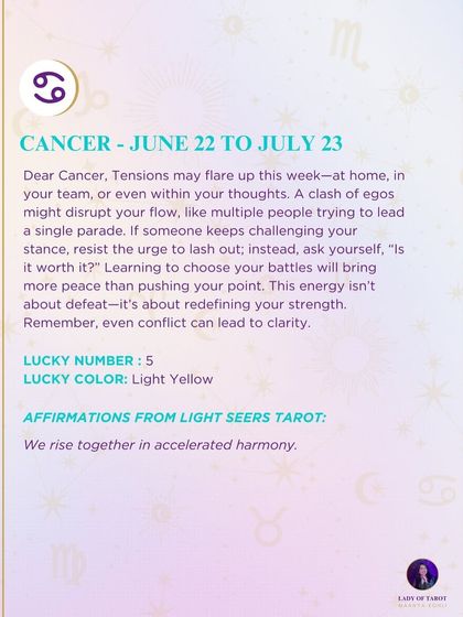 A weekly reading for Cancer about navigating clashes of ego and finding peace by choosing your battles. This forecast offers a strategic approach to managing conflict in your life.