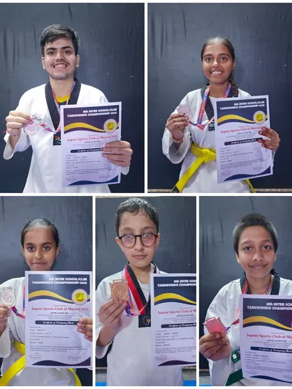 A showcase of the diverse group of students who won medals at the 8th Inter School/Club Taekwondo Championship, proving our training is effective across different age groups.