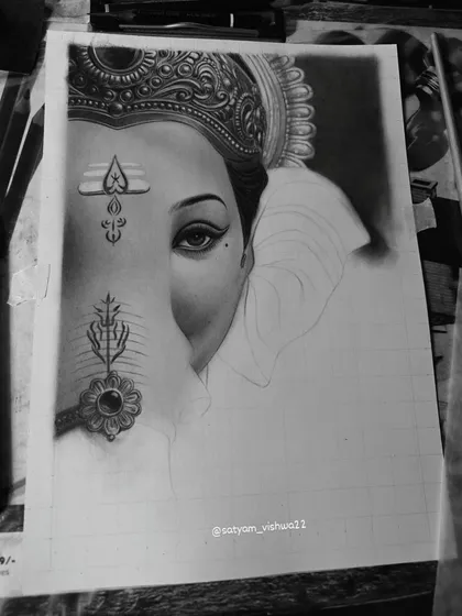 An in-progress shot where the eye and tilak are complete. For me, the eyes are the soul of the portrait, and I always finish them first.