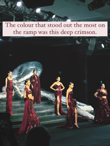The color that stood out most on the Gaurav Gupta ramp was this deep crimson. A rich and dramatic shade that's perfect for a cocktail or reception gown.