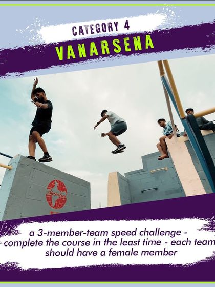 Category 4: Vanarsena. A crowd-favorite team-based challenge where teams of three, each with a female leader (Senapati), race through separate courses.