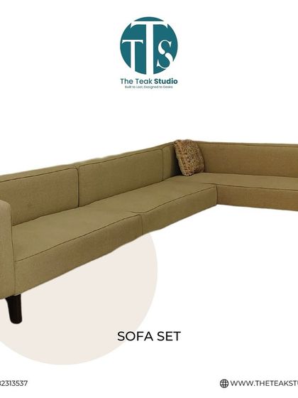 A minimalist L-shaped sofa set in a muted olive green fabric. The slim metal legs and clean lines give it a light, contemporary feel, perfect for modern apartment living.