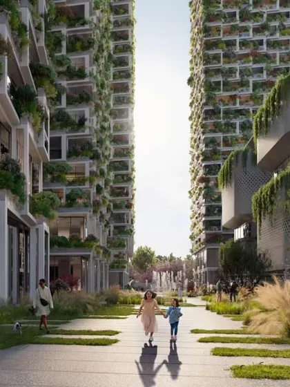 This street-level view of Sky Gardens illustrates the concept of a "vertical village." The design creates a pedestrian-friendly environment with lush landscaping at ground level, encouraging community interaction and outdoor activity.