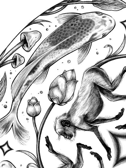 A close-up showing the interplay between the koi, mushrooms, and lotus elements in the outer ring of the mandala.