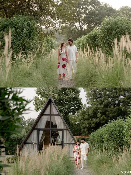 A two-panel image showing the couple walking through a field of tall grass towards a modern A-frame cabin, telling a story of a romantic getaway.