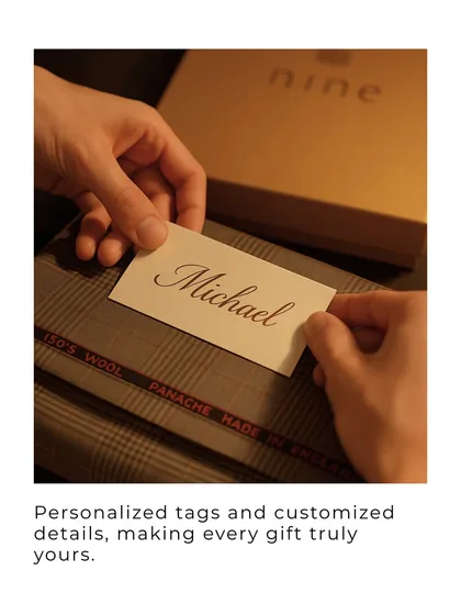 Personalization is key to making a gift memorable. Here, we are adding a custom name tag to a fabric gift set, a small detail that shows the recipient how much they are valued.