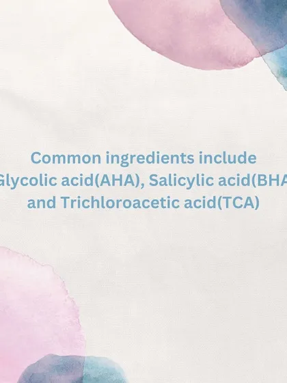 Common ingredients used in chemical peels include Glycolic acid (AHA), Salicylic acid (BHA), and Trichloroacetic acid (TCA).