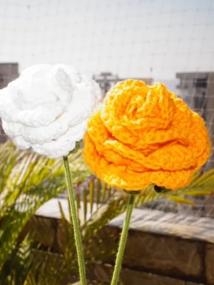 A pair of simple yet elegant crochet roses, one in white and one in orange, perfect for a minimalist decor style.