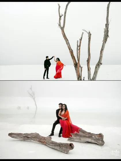 A dynamic duo of shots from the surreal white landscapes near Udaipur. We capture both wide shots showing the couple dancing and closer portraits that highlight their embrace against the minimalist, dramatic scenery.