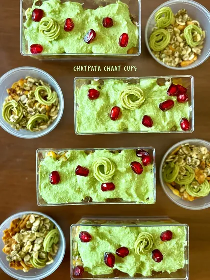 Here are my signature Chatpata Chaat Cups ready for a party. This modern twist on the iconic chaats of India is designed to look stunning on a grazing table and taste unforgettable. They are a perfect bite-sized appetizer for cocktail parties and corporate events.
