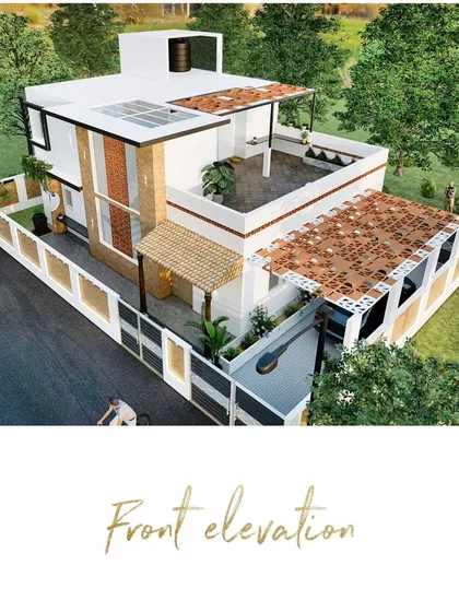 A look at the front elevation of a residence where we blended contemporary design with vernacular elements. The design features clean lines, white walls, and the earthy texture of traditional clay tiles and bricks, creating a home that is both modern and timeless.
