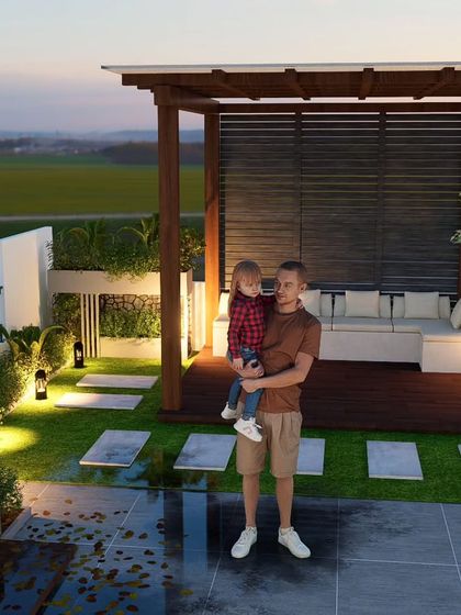 A 3D render of a family-friendly terrace with a wooden pergola, artificial grass, and ambient lighting.
