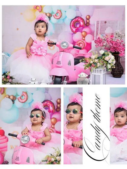 A collage showcasing the fun and style of the "Candy Theme" photoshoot. It includes portraits of the baby on a pink scooter, both with and without sunglasses, capturing her star quality.