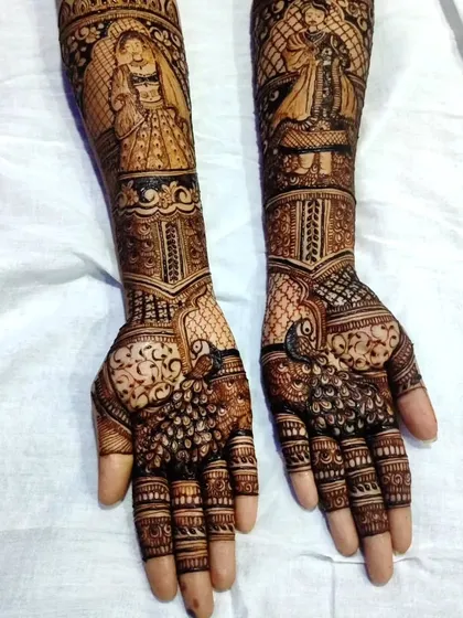 I believe mehndi tells a story. In my classes, you will learn how to create beautiful figurative work, like the traditional bride and groom portraits shown here, bringing a personal and narrative touch to your bridal designs.