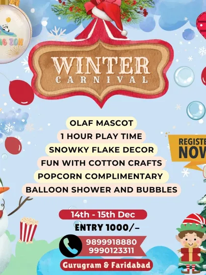Our Winter Carnival poster announces a magical celebration. Activities include meeting the Olaf mascot, cotton crafts, a balloon shower, and complimentary popcorn for a snowy, fun-filled day.
