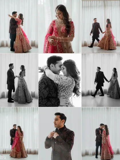 A collage showcasing various moments from an indoor engagement shoot. It highlights our versatility in capturing different poses, from candid interactions to formal portraits, in both color and black and white.