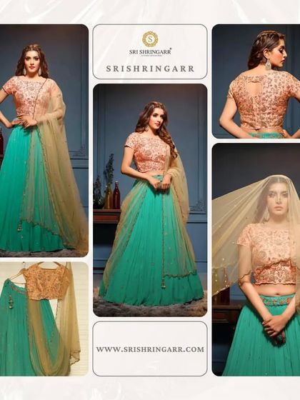 Elevate your look with a stunning lehenga, without the commitment. This teal and peach lehenga is a beautiful and vibrant choice for a wedding guest.