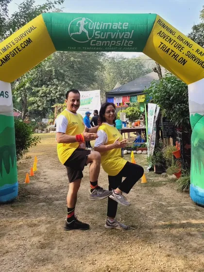 Fun at the starting arch of the Ultimate Survival Campsite, home to the Shivalik Ultra Run. It's all about adventure and high spirits.