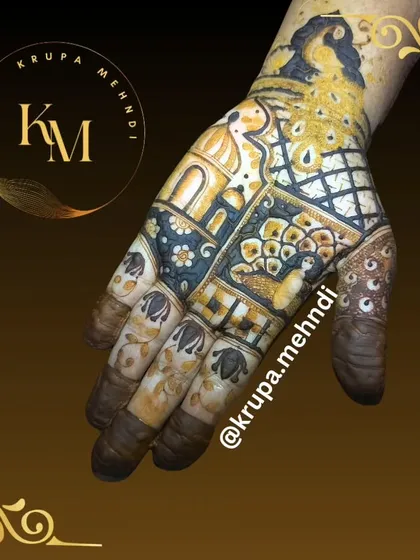 A full-hand design packed with traditional Indian motifs, including peacocks and architectural patterns. This is for those who love intricate details.