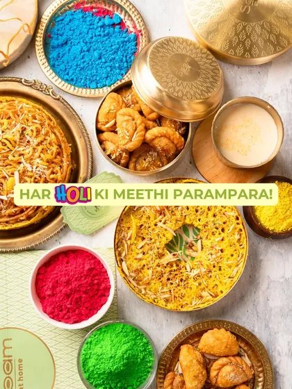 "Har Holi ki meethi parampara!" This image captures the essence of Holi with a spread of my traditional sweets like Ghevar and Ghujiya, celebrating the festival of colours with flavour.