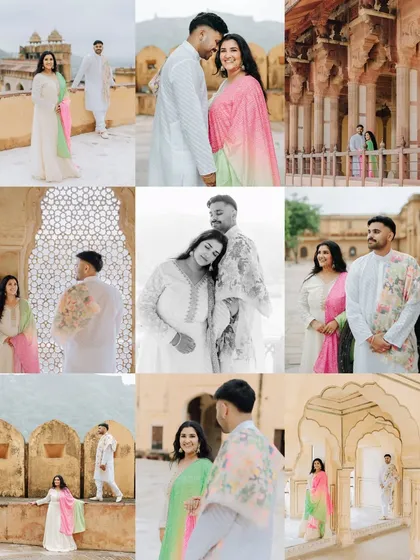 A beautiful grid collage summarizing a royal photoshoot, filled with a variety of poses, angles, and emotional moments.