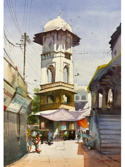 A watercolor cityscape of a clock tower, focusing on architectural details, light, and shadow. Learning to paint buildings and urban scenes is a core part of my advanced watercolor courses.