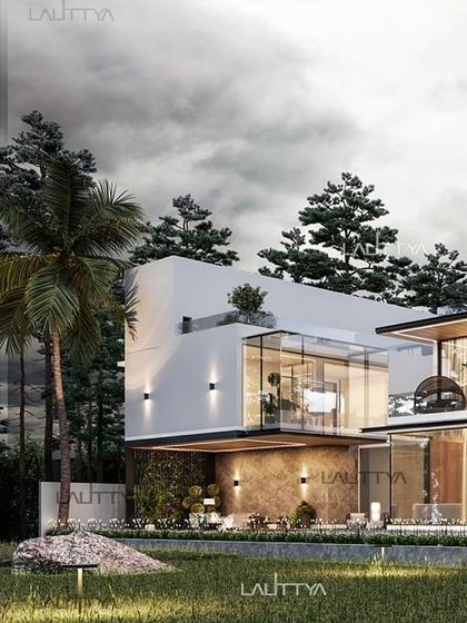 A visualization of a 15,000 sq. ft. private residence we designed. The architecture features layered volumes, a clean white facade articulated with glass boxes, and a seamless connection to the landscaped garden, creating a sense of architectural serenity.