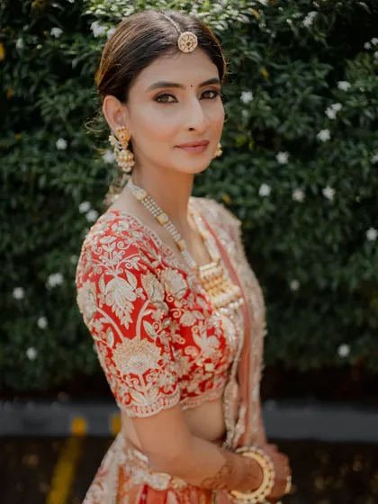 A close-up of Yashvi's elegant Mayera look. The makeup is soft and radiant, highlighting her beautiful features.
