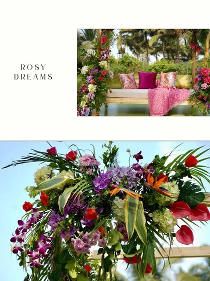 A collage titled "Rosy Dreams," showing a floral-decorated swing and a close-up of the vibrant, tropical flower arrangements used in the decor.