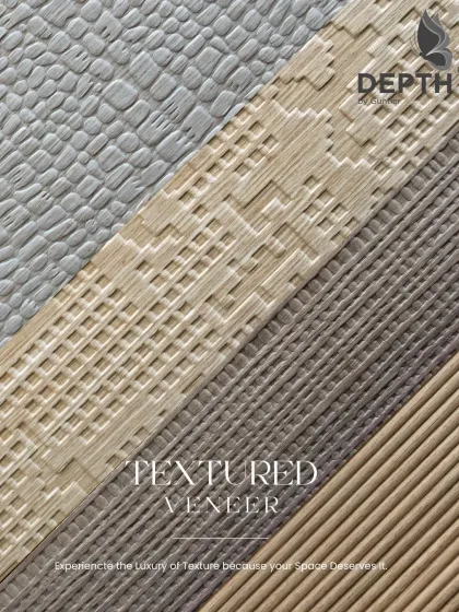 A close-up of four different textured veneers, from a crocodile-skin pattern to a pixelated design. Each one offers a unique feel and visual effect.