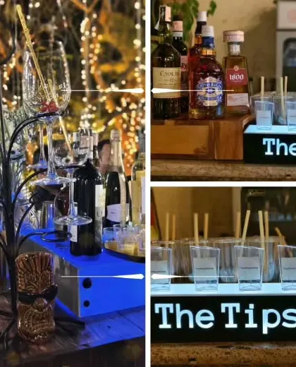 A collage of our bar setups under twinkling lights. We use branded light boxes, unique glassware, and premium spirits to create an inviting and professional bar area for any outdoor event.