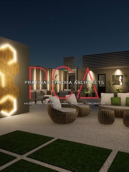 This visualization captures the main lounge area of the terrace garden. The wicker furniture and soft cushions provide a comfortable spot to gather, framed by custom hexagonal wall lights.