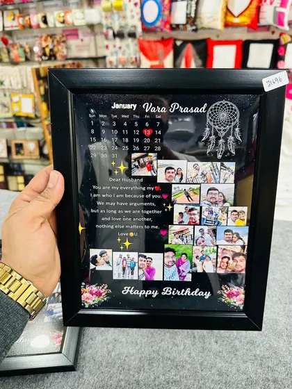 This frame was made as a birthday gift for a husband, featuring a heartfelt personal message alongside a collage of their best moments and a calendar marking the special day.