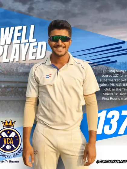 Power hitting in the Times Shield. A graphic celebrating Ruturaj Mungekar's massive score of 137 in the 'B' Division of the Times Shield, one of Mumbai's most competitive corporate tournaments.
