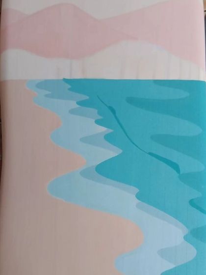A close-up of the beach-themed art panel, showing the clean lines and soothing color palette of the hand-painted landscape.