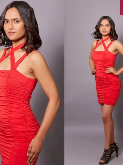 A composite shot of a model in a red dress, showing different angles of the professional makeup and hair done by our students.