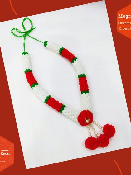 This Mogra Haar was a custom order. Many customers asked for a different design after seeing my other garlands, so I created this piece. It can be made into a haar, toran, or latkan in any color and length.