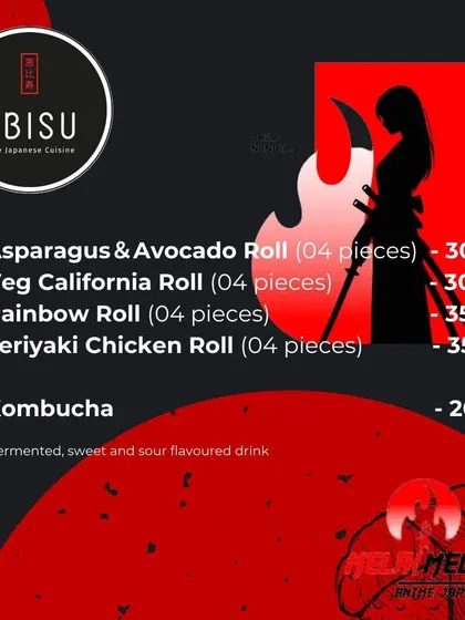 Our menu for the Mela Mela Anime Japan event, featuring favorites like the Rainbow Roll and Teriyaki Chicken Roll. It was a pleasure to share our flavors with anime fans.